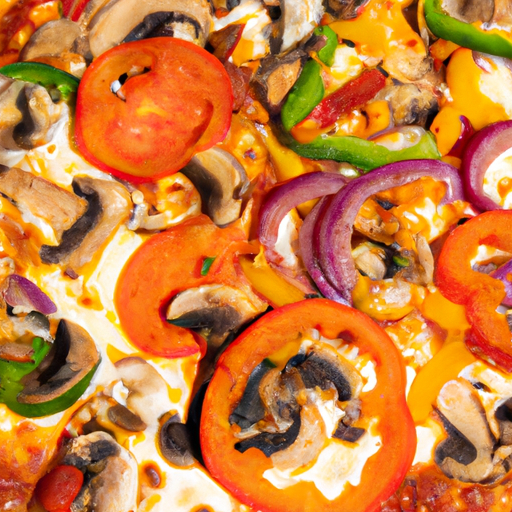 A colorful veggie pizza loaded with bell peppers, mushrooms, onions, and cherry tomatoes.