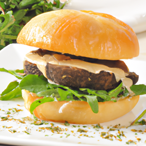 A gourmet mushroom Swiss burger topped with arugula and truffle aioli